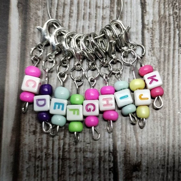 Hook Size Stitch Markers with Lobster Clasp, Set of 9 Stitch Markers, Sizes C, D, E, F, G, H, I, J, K