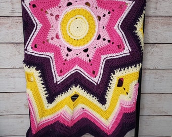 READY TO SHIP! Handmade Crochet Mandala Starburst Baby Blanket in Purples, Yellows, and Pinks