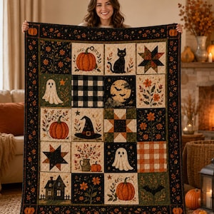 Pode incluir: Uma colcha retangular com tema de Halloween apresentando um design de patchwork com quadrados que retratam abóboras, um gato preto, um fantasma, um chapéu de bruxa, uma casa assombrada, morcegos, estrelas e padrões florais em preto, laranja, creme e verde.