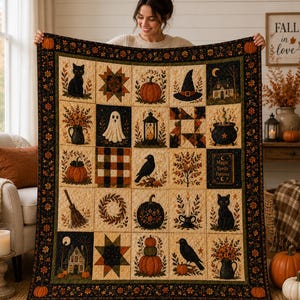 Halloween Quilt Blanket, Cute Spooky Patchwork Throw, Black Cat Ghost Pumpkin Witch Decor, Cozy Autumn Sofa Bed Cover Gift for Fall Lovers