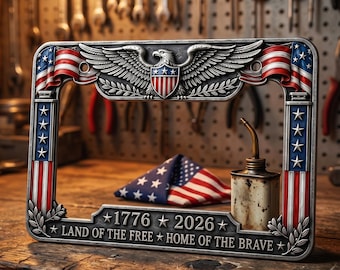 Marco conmemorativo del 250 aniversario para matrícula - 1776-2026. Accesorio patriótico para automóvil, marco vintage de aluminio, regalo patriótico para veteranos.