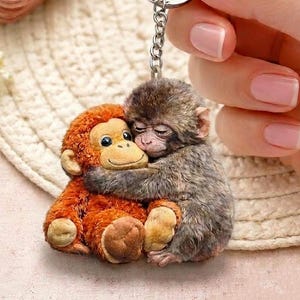 Viral Punch Monkey 2D Wooden Keychain, Cute Baby Monkey with Plush Toy Gift, Gift for Animal Lovers, Baby Monkey Punch, Baby Punch Gifts