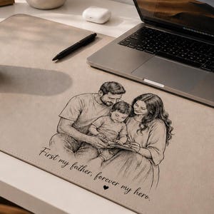 May include: A desk setup featuring a framed family photo, a potted plant, and a laptop. A beige desk mat with a family portrait and the text "First my father, forever my hero" is also present. A mug of coffee and a pen are on the desk.