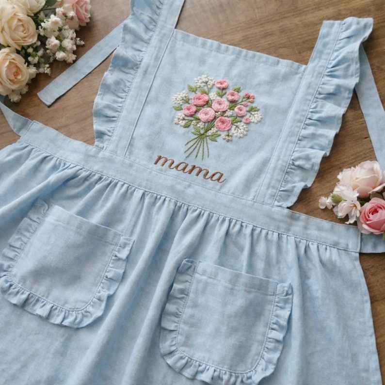 Personalized Hand Embroidered Floral Linen Apron from Etsy, natural linen with floral motifs and custom name embroidered by hand by independent artisans