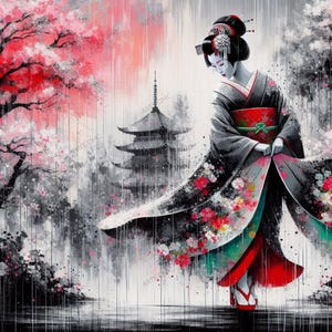 May include: A woman wearing a traditional Japanese kimono stands in front of a pagoda with cherry blossoms falling around her. The scene is painted in shades of black, white and red, with a hint of green in the kimono.
