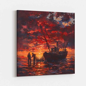 Quadro em tela com paisagem de barco de pesca ao pôr do sol, impressão emoldurada
