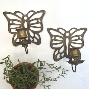 Vintage Brass Butterfly Candlestick Holder / brass butterfly wall sconce candle holder pair