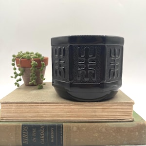 May include: A black, geometric-patterned container sits atop two vintage books. The container has a textured surface and a repeating design. A small terracotta pot with a trailing plant is to the left of the container.