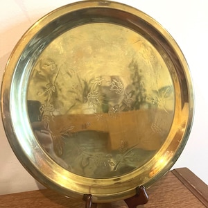 Vintage Floral Etched Brass Decorative Tray / Princess House Heritage 12&quot; Round Brass Serving Tray #309 / Vintage Round Tray