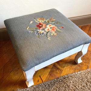 Antique Needlepoint Wooden Stool / Floral Needlpoint / Riser / Ottoman / Traditional, Victorian, Primative, Cottage Core / Grandma Chic