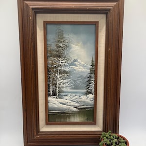 Vintage Snowy Mountain Landscape Original Oil on Board Painting / 12” x 18” / Artist Signed / Winter Scene / Winter Decor / Gallery Wall