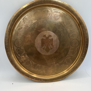 Vintage Ornate Etched Brass Decorative Tray / 12.5" Round Brass Serving Tray with Double Headed Bird and Fruit / Vintage Round Old World