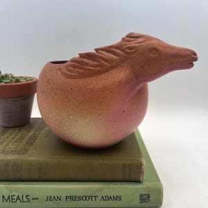 May include: A ceramic horse head planter with a reddish-brown and pink gradient. The horse's mane is detailed, and the planter has a round body. A small terracotta pot with a succulent plant is visible in the background.