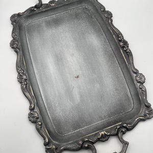 Vintage Ornate Silver Decorative Tray with Handles / 23&quot; Rectangular Serving Tray with Scalloped Edge / Victorian Vanity or Perfume Tray