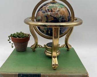Vintage Gemstone Globe with Footed Brass Stand and Compass, 7” / Inlaid Gemstone Desktop Globe / Office Decor /