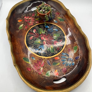 Stunning Mexican Folk Art Hand Painted Decorative Tray / Hand Carved Tray / Batea Art / Mid Century / Colorful Eclectic Decor / Gallery Wall
