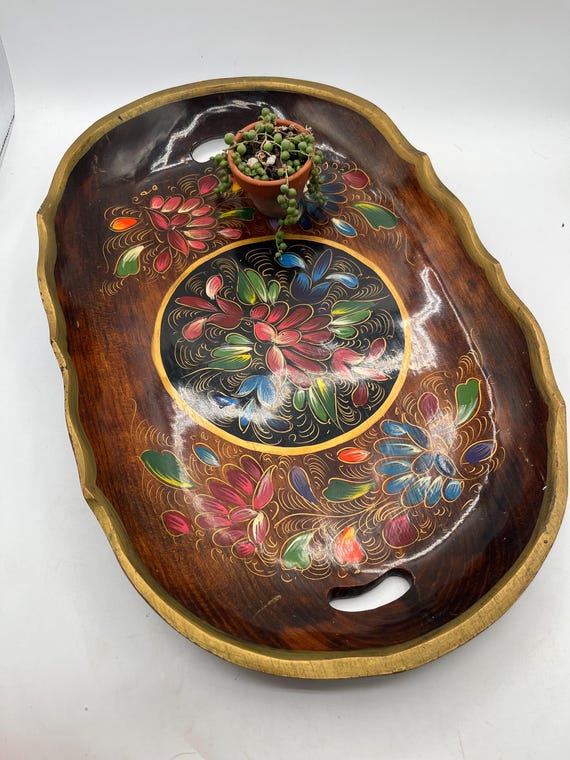 Stunning Mexican Folk Art Hand Painted Decorative Tray / Hand Carved Tray / Batea Art / Mid Century / Colorful Eclectic Decor / Gallery Wall