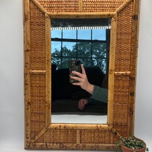 Vintage Tortoise Shell Bamboo Large Mirror, 14” x 20” / Burnt Bamboo / Wicker Rattan Wall Hanging Mirror / Mid Century / Eclectic Boho