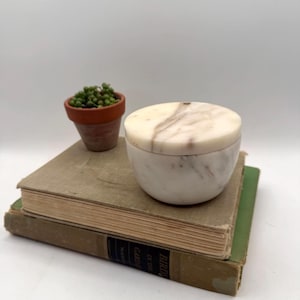 May include: A round white marble container with a matching lid featuring grey veining. The container is placed on top of two stacked vintage books, one with a green spine and the other with a tan cover, next to a small terracotta pot with a plant.