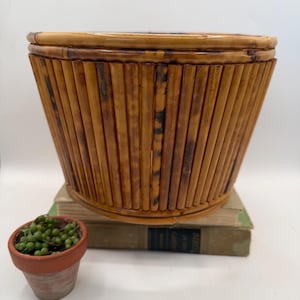 May include: A cylindrical basket constructed from vertical bamboo reeds with a natural tan and dark brown mottled finish. The basket features a reinforced circular rim and base, showcasing the organic texture and color variations of the bamboo.