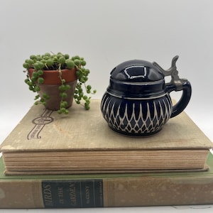 May include: A dark blue ceramic beer stein with a hinged lid and handle, featuring a white diamond pattern. The stein is placed on top of two vintage books, with a small potted plant to the left.