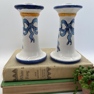 Vintage Ceramic Bow Candlestick Holders, Made in Italy  / Cottage Core / Handpainted / French cottage / Blue & White Girly Candle Holder