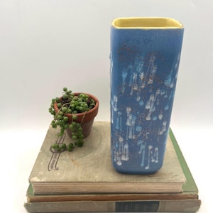 May include: A tall, rectangular blue vase with a yellow interior rim. The vase has a speckled design with white and gold accents. A small potted plant with green, round leaves sits next to the vase on a stack of old books.