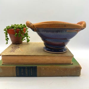 May include: A handmade ceramic bowl with a wide rim and two handles. The bowl features a blend of blue, brown, and orange hues. It sits atop two vintage books, with a small terracotta pot holding a green plant to the left.