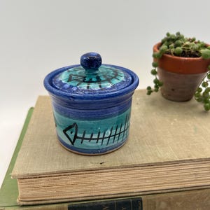 May include: A small, round ceramic jar with a lid, painted in shades of blue and turquoise. The jar features a fish skeleton design and a dark blue knob on the lid. The jar is sitting on top of a stack of books.