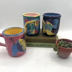 Vintage Mugs in a Modernist Style, Signed Stuido Pottery / Y2K 90’s decor / Abstract / Eclectic / Post Modern / Colorful Dopamine Decor
