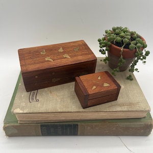 Vintage Wood Box with Brass Leaf Inlay, Set of 2 / Made in India / Jewelry Holder / Trinket Dish / Decorative Box / Eclectic, Boho Decor