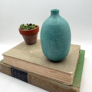 May include: A small, oval-shaped ceramic vase with a textured, speckled teal glaze. The vase has a narrow neck and a rounded body. It is positioned next to a small terracotta pot containing a green succulent plant, both resting on two stacked books.