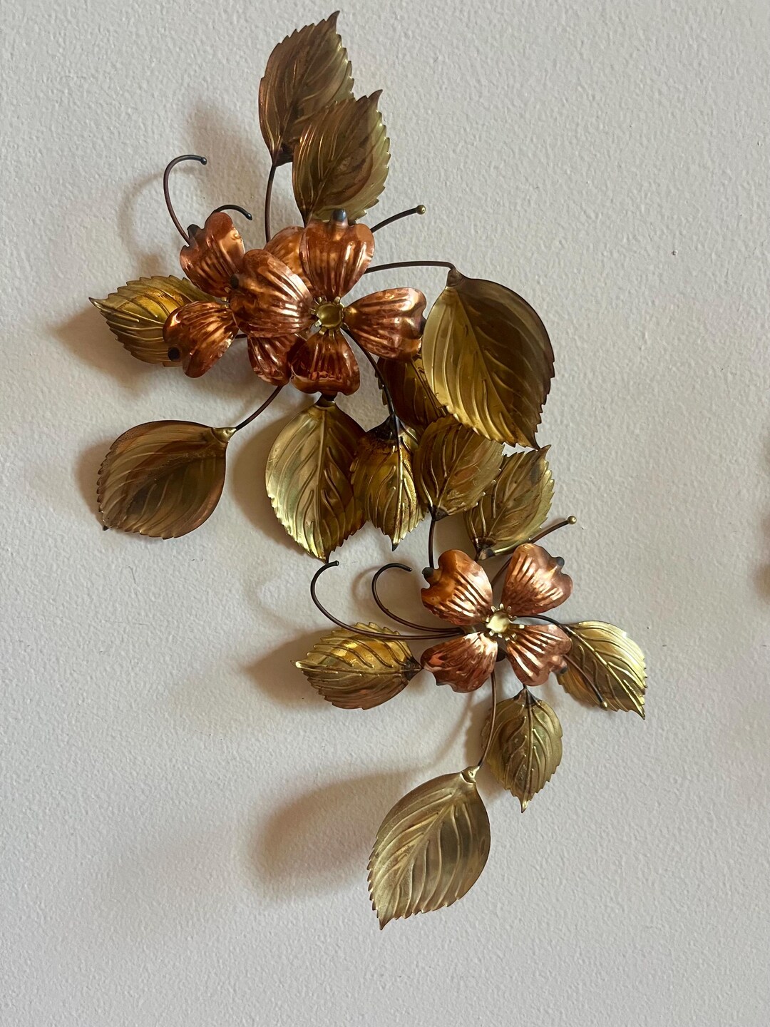 Vintage Brass and Copper Floral Dogwood Wall Decor / Metal Wall Art