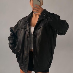 Veste droite oversize vintage pour femme des années 90, veste bomber oversize en cuir d'agneau souple fait main pour femme, veste en cuir oversize