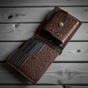 Hand-Tooled Leather Celtic Oak Wallet | Embossed Basketweave Bi-Fold |  Biker Style Card Holder