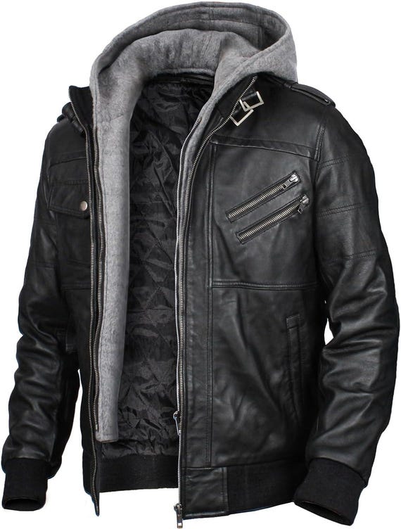 Herren Schwarz Leder Bikerjacke Handgefertigtes Schaffellleder