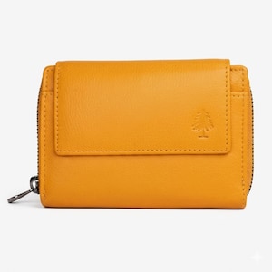May include: A mustard-yellow leather wallet with a flap closure and a zipper around the edges. The wallet has a small tree logo embossed on the front. The wallet is rectangular and appears to be new.