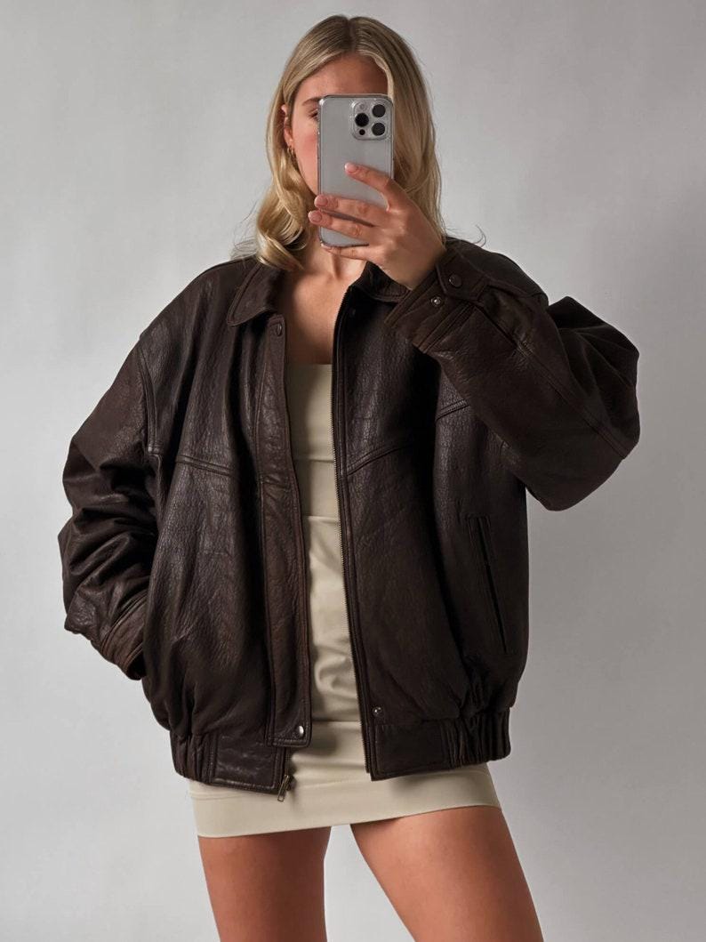 Women's 90s Oversized Brown Leather Bomber Jacket | Handmade Vintage Style Black Bomber Jacket for Women | Best Gift for Her