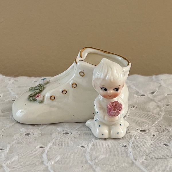 Vintage Enesco Ceramic Baby and Shoe ~ Figurine