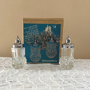 Vintage Diamond Point Glass Salt and Pepper Shakers with Original Box