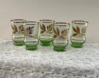 Lot of 5 Vintage Glasses ~ Barware ~ Gold Leaf Green ~ Frosted ~ Bohemia Glass Czechoslovakia