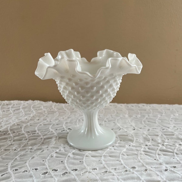 Vintage Hobnail White Milk Glass Compote ~ Pedestal Ruffled Dish Bowl Ribbed