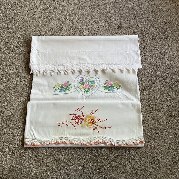 3 Vintage Embroidered Pillowcases ~ Mix ~ Bed Linens ~ Bedding