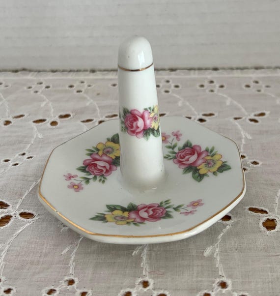 Vintage Ring Holder ~ Tree ~ Floral Flowers Dish Roses Pink Yellow Storage Display