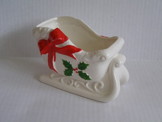 Wood Look Ceramic Sleigh 1960s CMC Planter Christmas Decor. Detailed Holly Design Vintage Sleigh Planter Victorian Christmas Planter