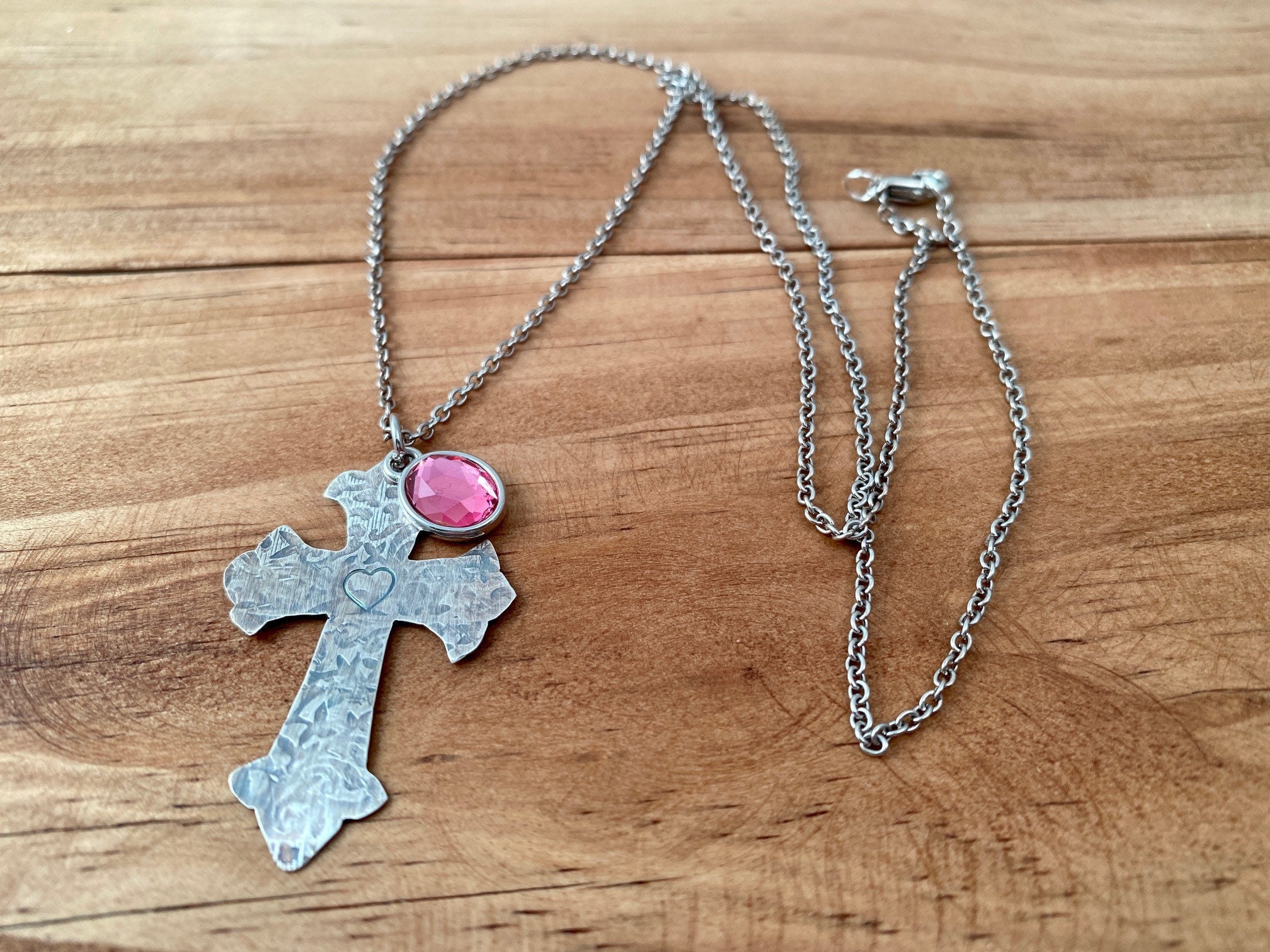 Stamped Sterling Silver Cross (pink Crystal) - Etsy