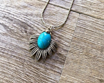 Antique Silver Pewter Turquoise Pendant Necklace