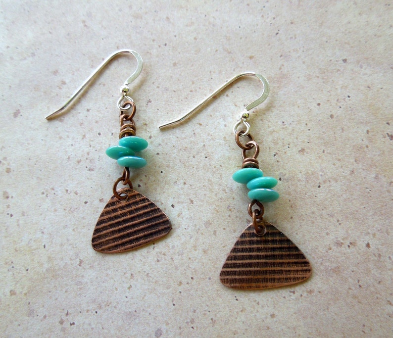 Copper Rounded Triangle Turquoise Earrings image 2