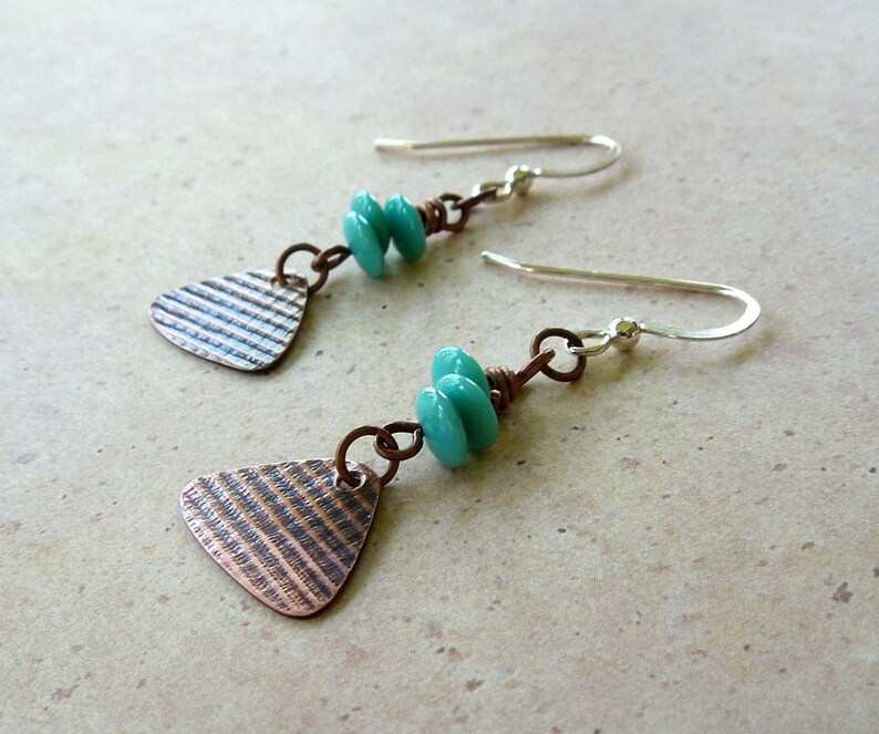 Copper Rounded Triangle Turquoise Earrings image 1