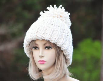 Winter White Chunky Knit Wool Blend Pom Beanie, Tobaggan, Women's Hat